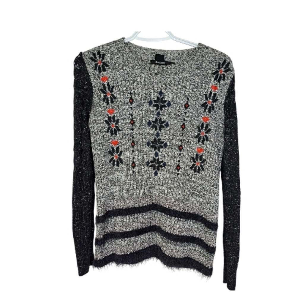 Desigual Gray Black Embroidered Ribbed Sweater